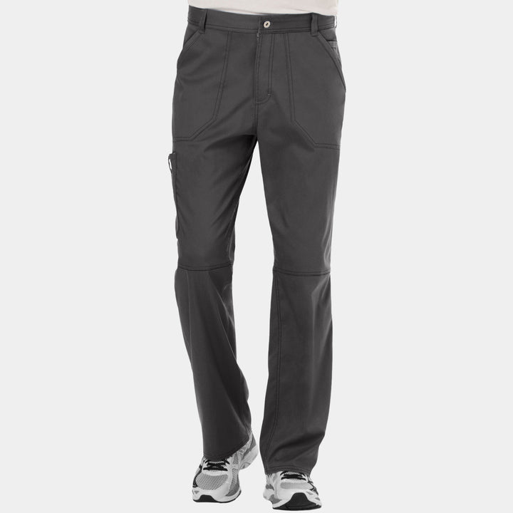 Front view of Cherokee Revolution WW140 men’s zip fly cargo scrub pants in pewter