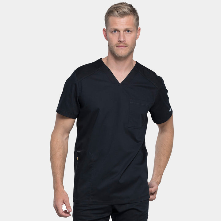 Front view of Cherokee Revolution WW603 men’s v-neck scrub top in black
