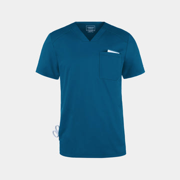 Flat lay front view of Cherokee WW603 men’s v-neck scrub top in Caribbean