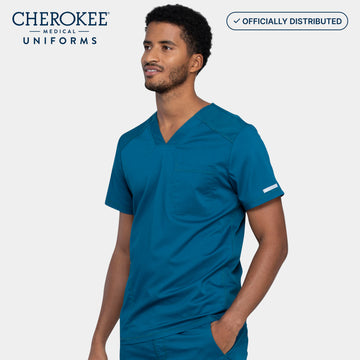 Side view of Cherokee WW603 men’s v-neck scrub top in Caribbean