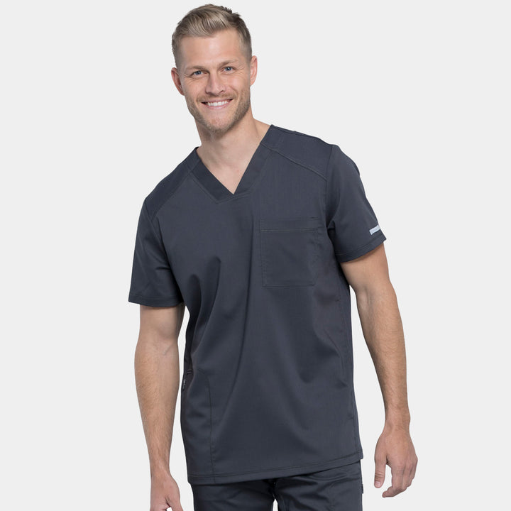 Front view of Cherokee Revolution WW603 men’s v-neck scrub top in pewter