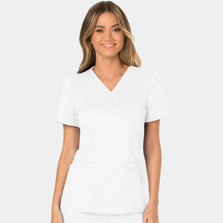 Front view of Cherokee Revolution WW610 women’s mock wrap scrub top in White