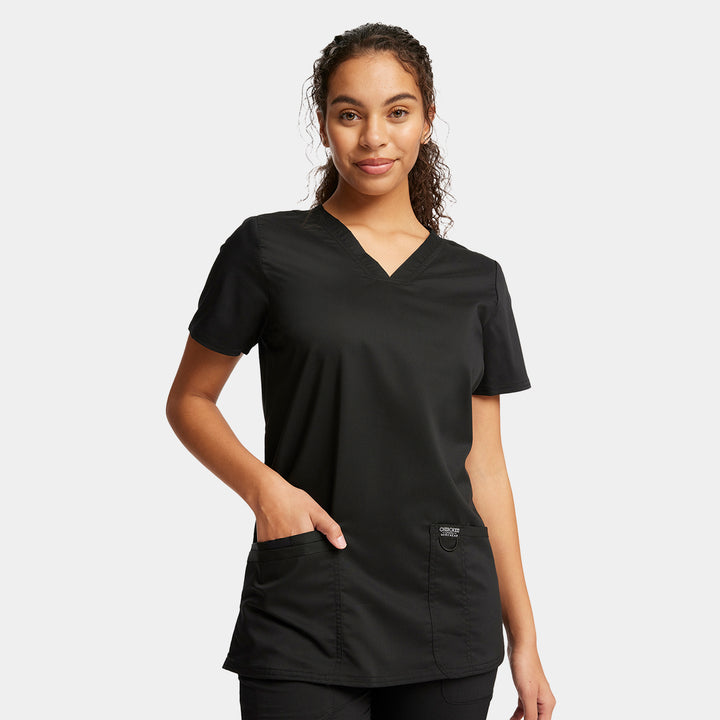 Front view of Cherokee Revolution WW620 women’s v-neck scrub top in Black