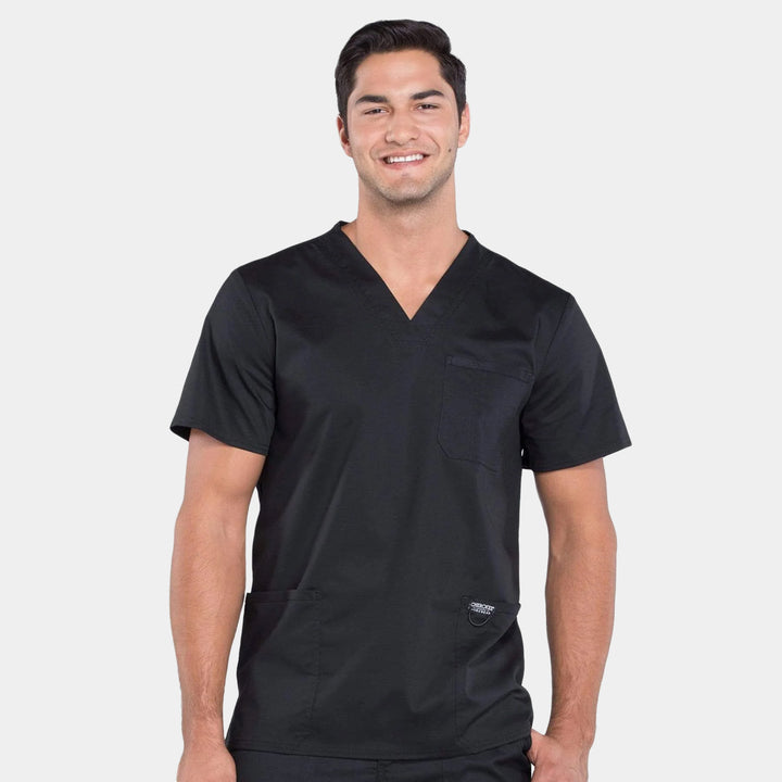 Front view of Cherokee Revolution WW670 men's v-neck utility scrub top in Black