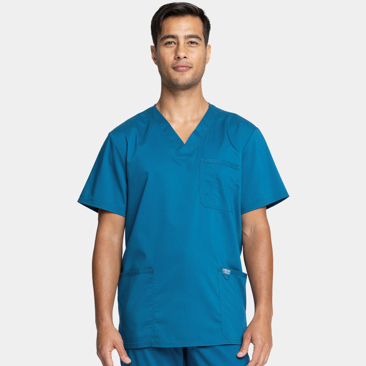 Front view of Cherokee Revolution WW670 men's v-neck utility scrub top in Caribbean