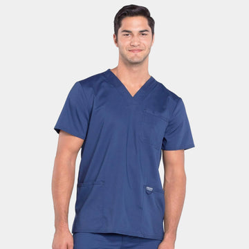 Front view of Cherokee Revolution WW670 men's v-neck utility scrub top in Navy