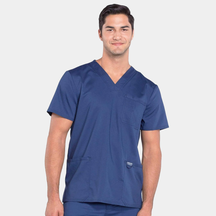 Front view of Cherokee Revolution WW670 men's v-neck utility scrub top in Navy