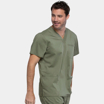 Alternative half side view of Cherokee Revolution WW670 men's v-neck utility scrub top in Olive