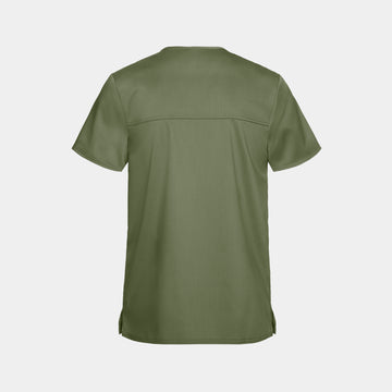 Back flat lay of Cherokee Revolution WW670 men's v-neck utility scrub top in Olive