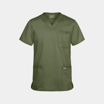 Flat lay of Cherokee Revolution WW670 men's v-neck utility scrub top in Olive