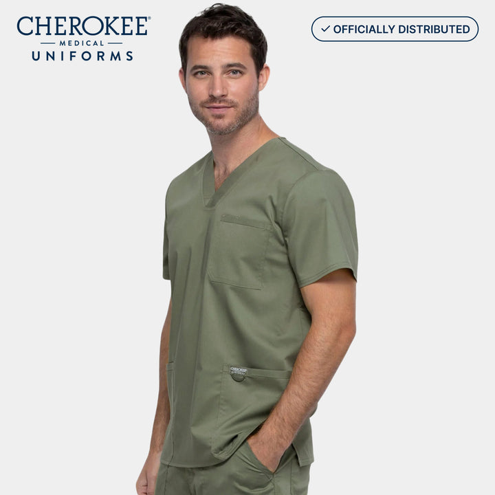 Half side view of Cherokee Revolution WW670 men's v-neck utility scrub top in Olive