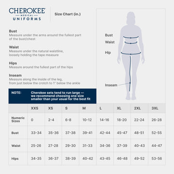 Cherokee women’s scrubs size chart with measurements for bust, waist, hip, and inseam to help select correct scrub size