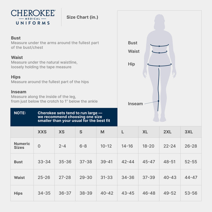 Cherokee women’s scrubs size chart with measurements for bust, waist, hip, and inseam to help select correct scrub size