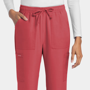 Zoomed-in front view of Cherokee Workwear CK272A Women's Cargo Pants in Spiced Coral