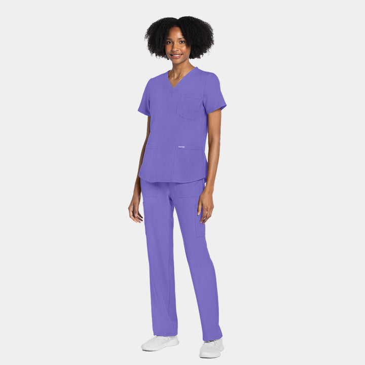 Cherokee Workwear Originals Ultra women's scrubs set CK961A + CK272A in Electric Lavender – worn front view