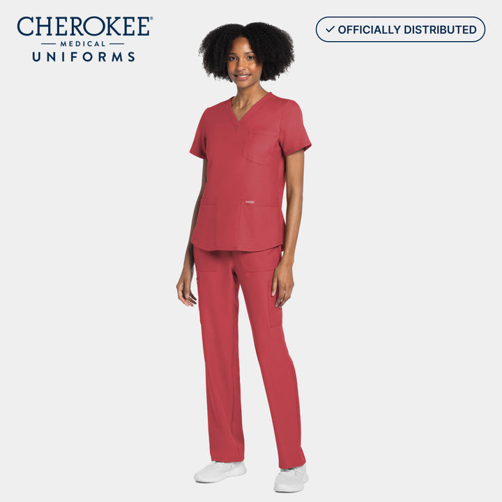 Cherokee Workwear Originals Ultra women's scrubs set CK961A + CK272A in Spiced Coral – worn front view