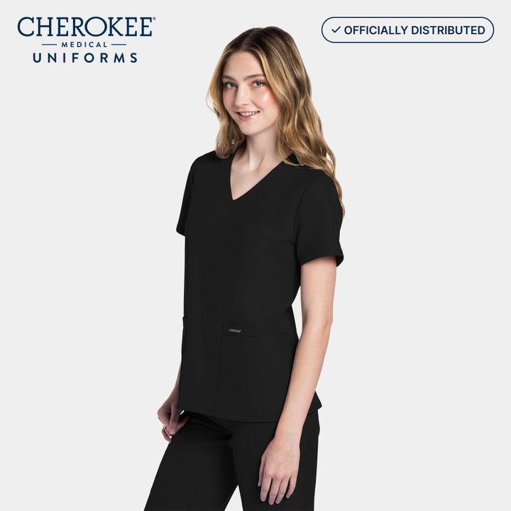 Cherokee Workwear Originals Ultra women’s CK953A scrub top in Black – half side angle