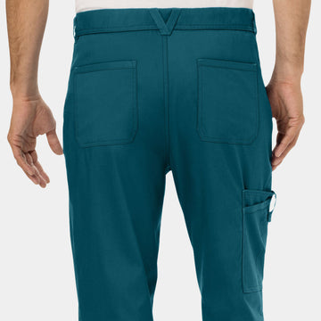 Zoomed-in back view of Cherokee WW140 Men's Zip Fly Cargo Scrub Pants in Caribbean