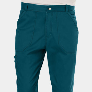 Zoomed-in front view of Cherokee WW140 Men's Zip Fly Cargo Scrub Pants in Caribbean