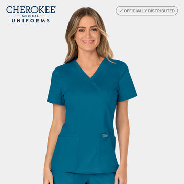 Cherokee WW610 Mock Wrap Scrub Top in Caribbean