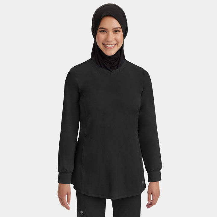 Healing Hands Fatima women's scrub top in Black color, featuring a round neck and functional pockets