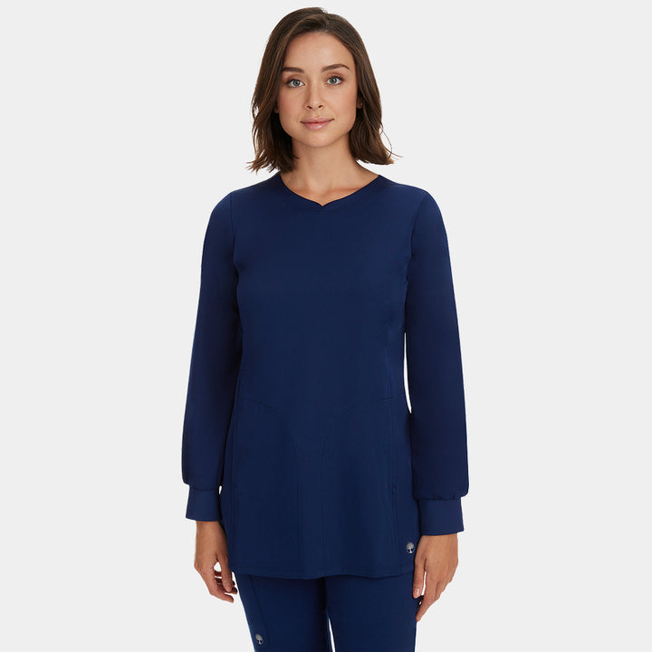 Healing Hands Fatima women's scrub top in Navy color with round neck and multiple pockets