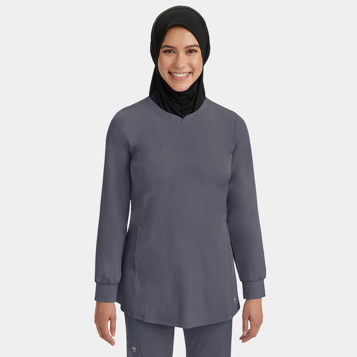 Healing Hands Fatima women's scrub top in Pewter color featuring functional pockets and stylish cut