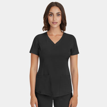 Front view of Healing Hands HH Works Monica V-Neck Scrub Top in Black