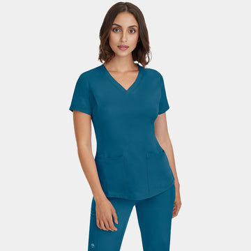 Front view of Healing Hands HH Works Monica V-Neck Scrub Top in Caribbean