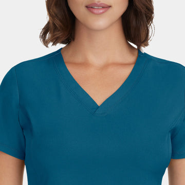 Close-up neckline of Healing Hands HH Works Monica V-Neck Scrub Top in Caribbean