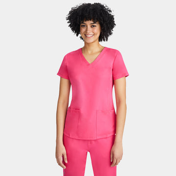 Front view of Healing Hands HH Works Monica V-Neck Scrub Top in Carnation Pink