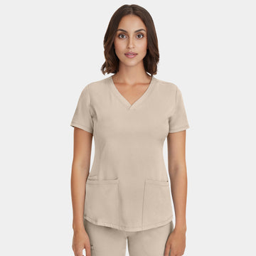 Front view of Healing Hands HH Works Monica V-Neck Scrub Top in Khaki
