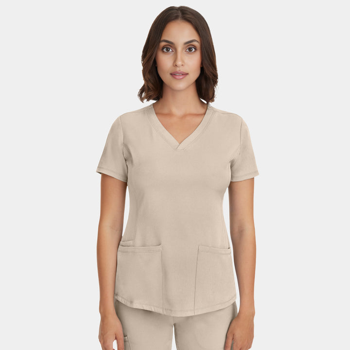 Front view of Healing Hands HH Works Monica V-Neck Scrub Top in Khaki