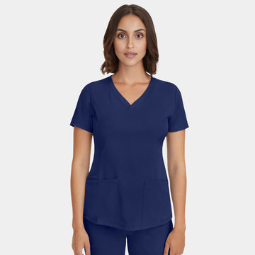 Front view of Healing Hands HH Works Monica V-Neck Scrub Top in Navy