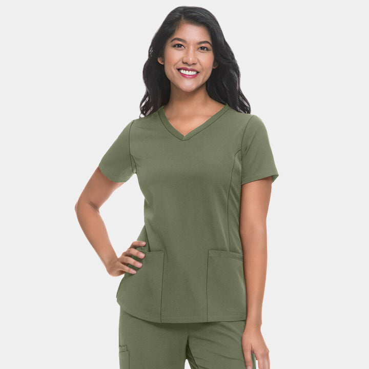 Front view of Healing Hands HH Works Monica V-Neck Scrub Top in Olive