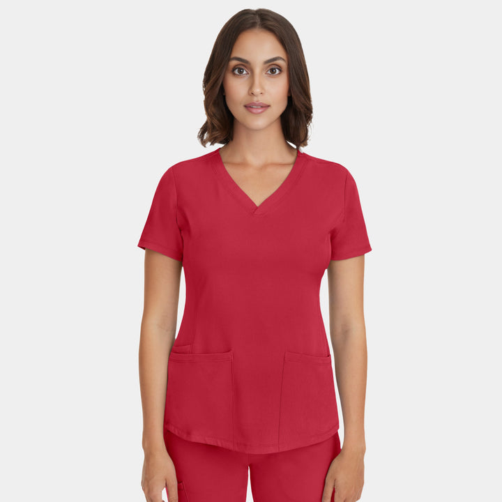 Front view of Healing Hands HH Works Monica V-Neck Scrub Top in Red
