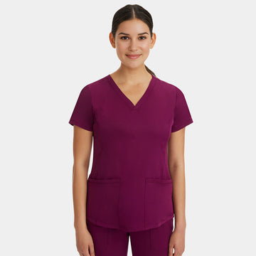 Front view of Healing Hands HH Works Monica V-Neck Scrub Top in Wine