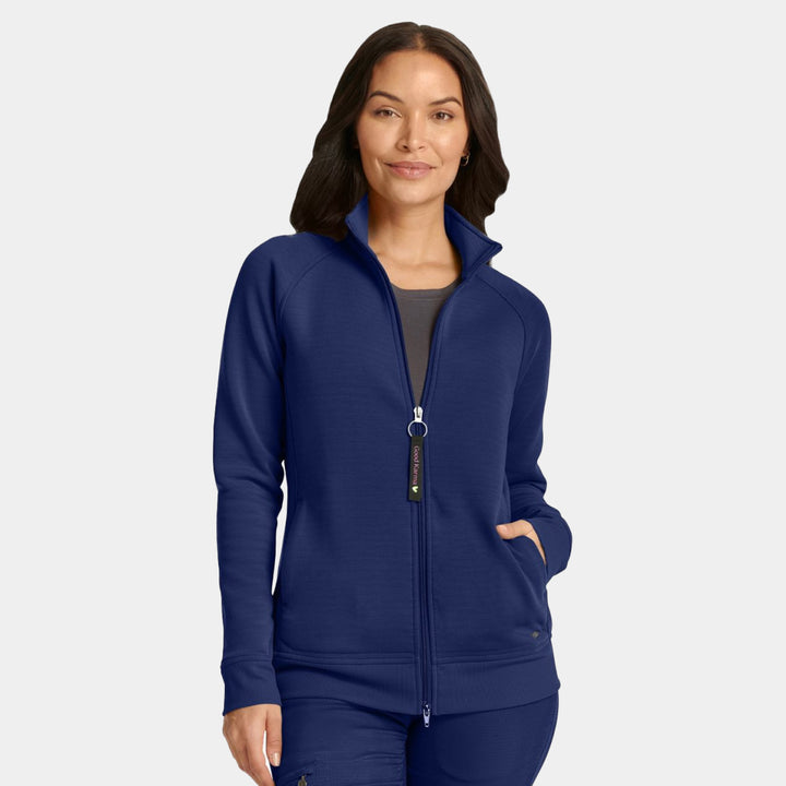 Front view of Healing Hands Karma women's scrub jacket in navy with zipper closure and front pockets
