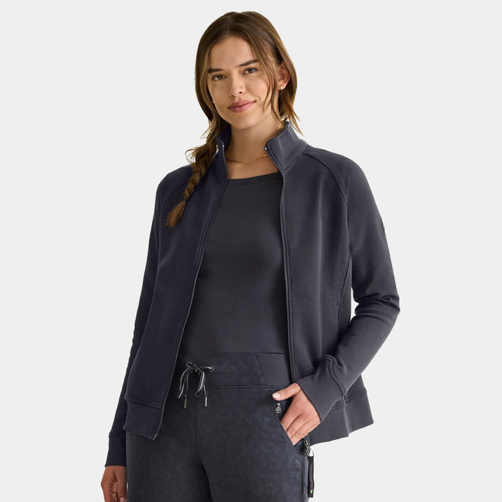 Front view of Healing Hands Karma women's scrub jacket in pewter featuring zipper closure and front pockets