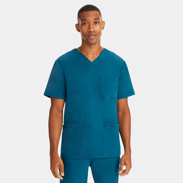 Front view of Healing Hands Matthew men's V-neck scrub top in Caribbean blue color