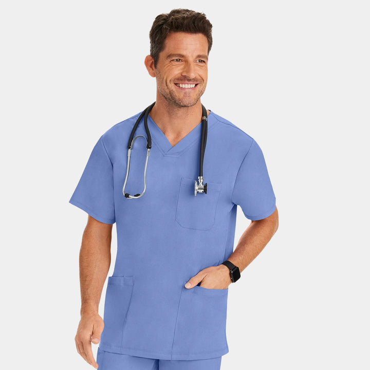 Front view of Healing Hands Matthew men's V-neck scrub top in Ceil blue color