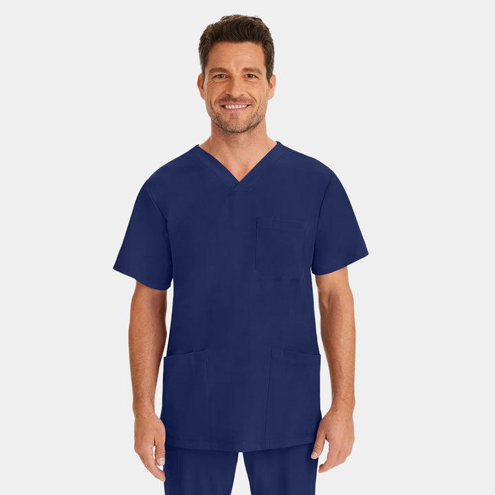Front view of Healing Hands Matthew men's V-neck scrub top in Navy color