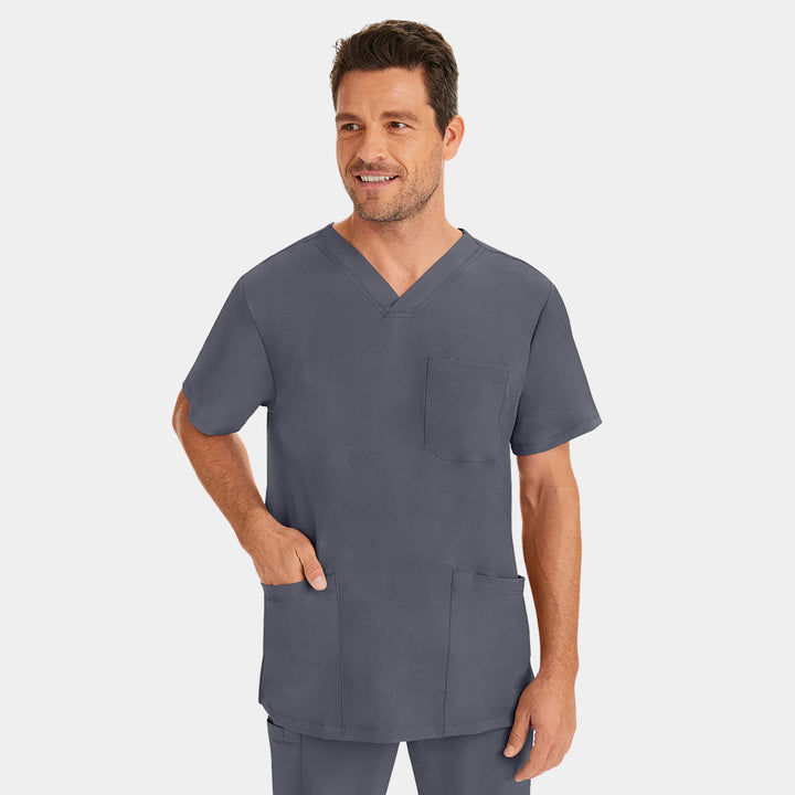 Front view of Healing Hands Matthew men's V-neck scrub top in Pewter grey color