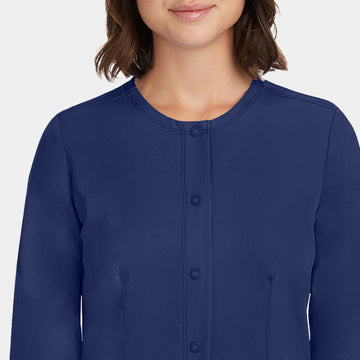 Close-up front view of Healing Hands Megan women's navy scrub jacket showing buttons and fabric details