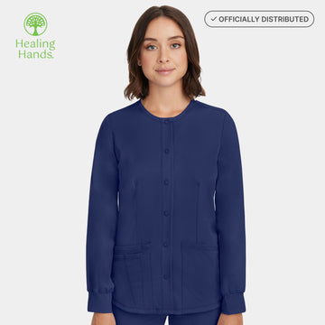 Front view of Healing Hands Megan women's navy button front scrub jacket with tailored fit and pockets