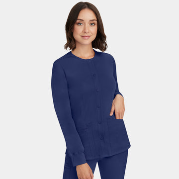 Half-side view of Healing Hands Megan women's navy button front scrub jacket showing fit and style