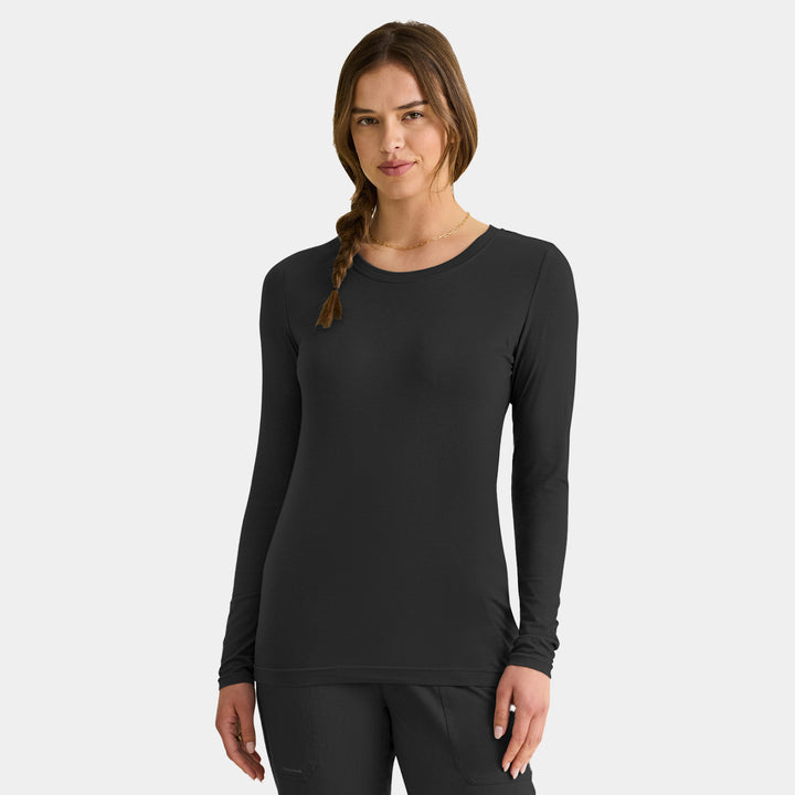 Front view of Healing Hands Melissa women's long sleeve knit tee in black for layering under scrubs