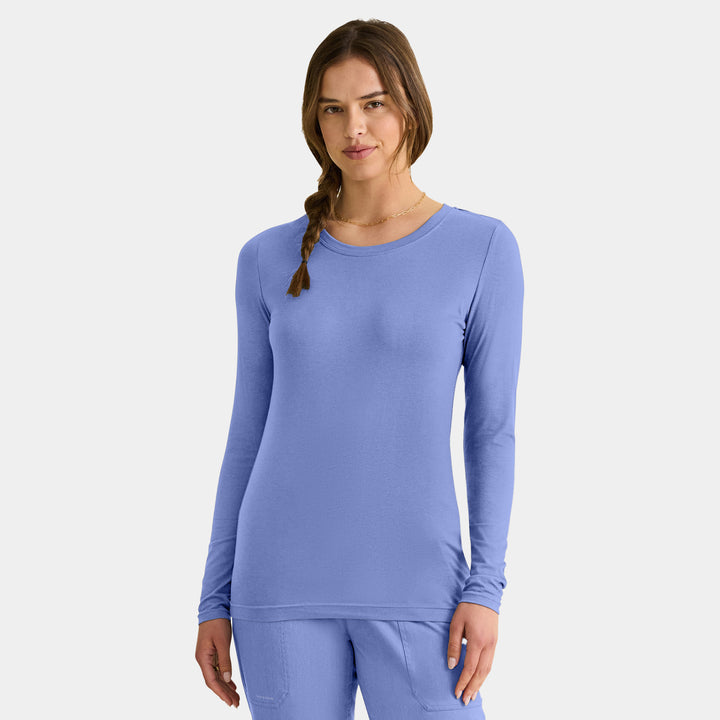 Front view of Healing Hands Melissa women's long sleeve knit tee in ceil for layering under scrubs