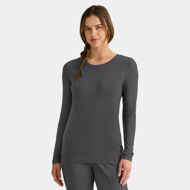 Front view of Healing Hands Melissa women's long sleeve knit tee in charcoal for layering under scrubs