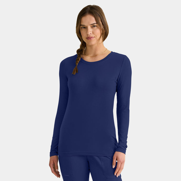 Front view of Healing Hands Melissa women's long sleeve knit tee in navy for layering under scrubs